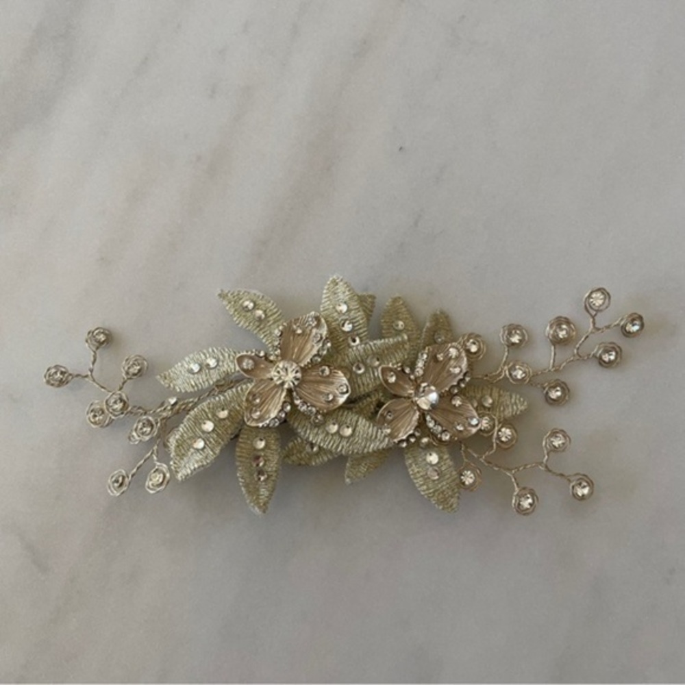Wedding Hair Clip with Crystals, Metallic Flowers & Leaves